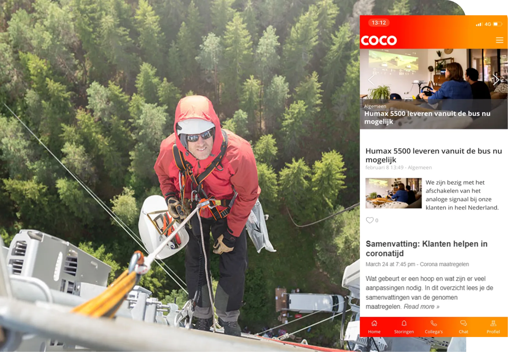 Man on cord above trees with screenshot of COCO phone depiction