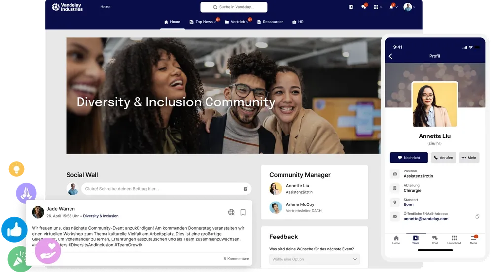 A group of diverse people smiling in an office setting. The screen shows a social platform interface with posts, profile details, and community info.