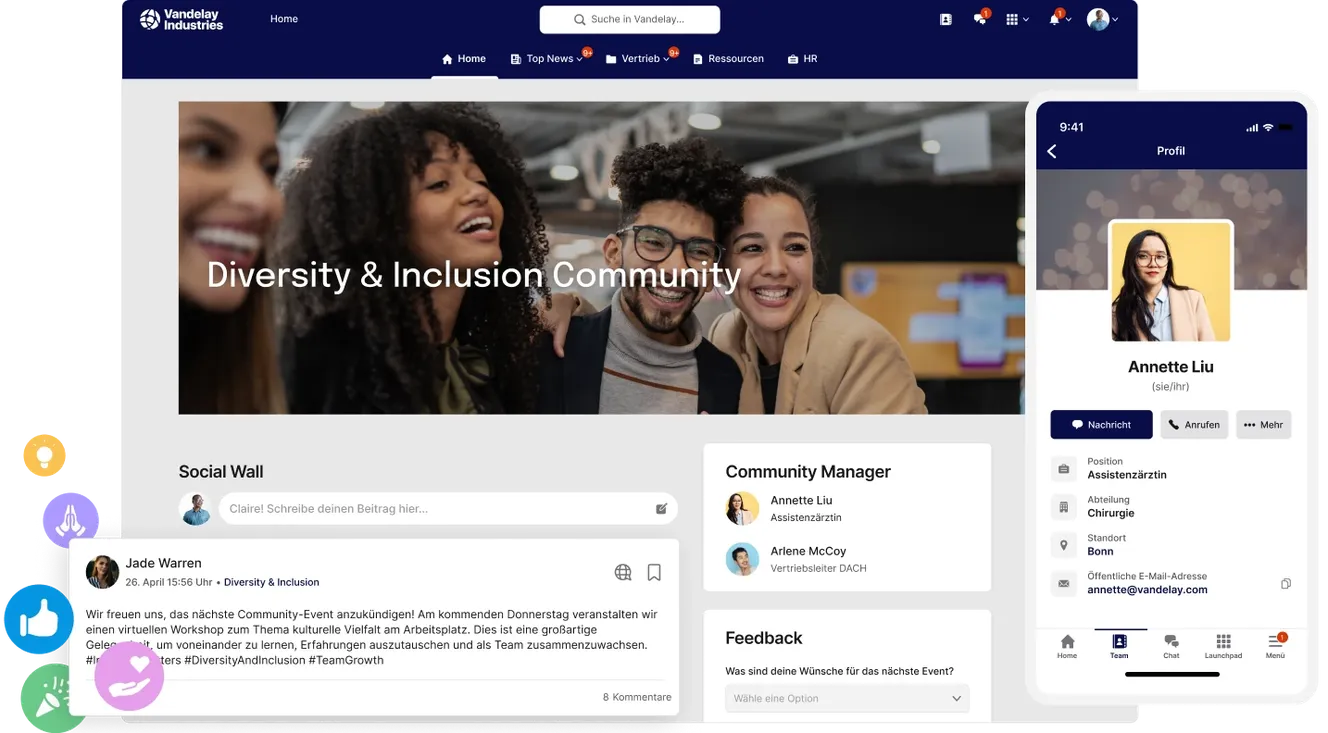 A group of diverse people smiling in an office setting. The screen shows a social platform interface with posts, profile details, and community info.
