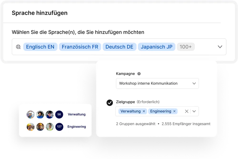 Interface showing language selection options and a campaign setup with target audiences "Maintenance" and "Engineering" selected.