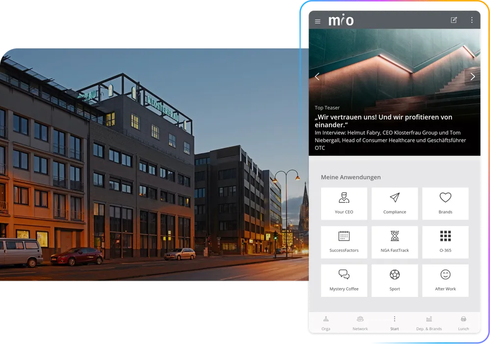 Modern office building at dusk with lit windows. An app interface overlay displays various application icons and a highlighted interview section.