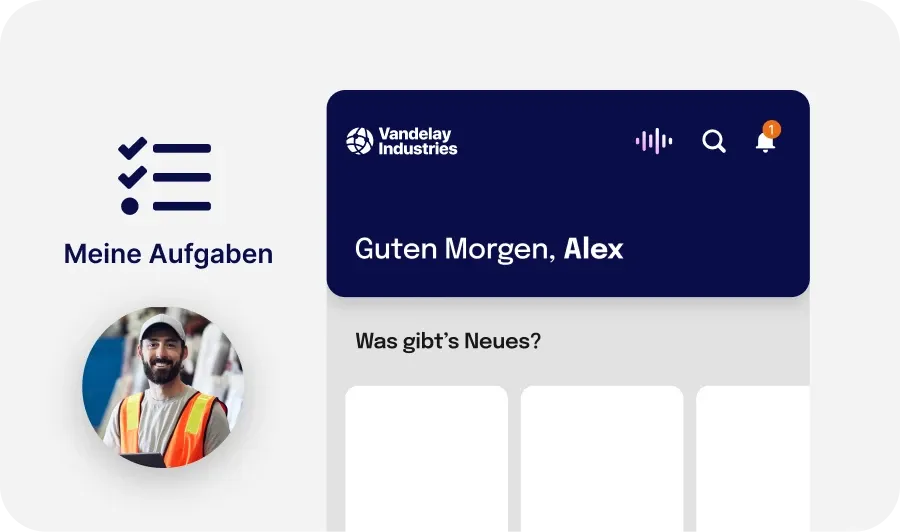 Dashboard-Oberfläche mit der Anzeige „Guten Morgen, Alex“ mit Profilbild, Aufgabenlisten-Symbol und Benachrichtigungsalarm.