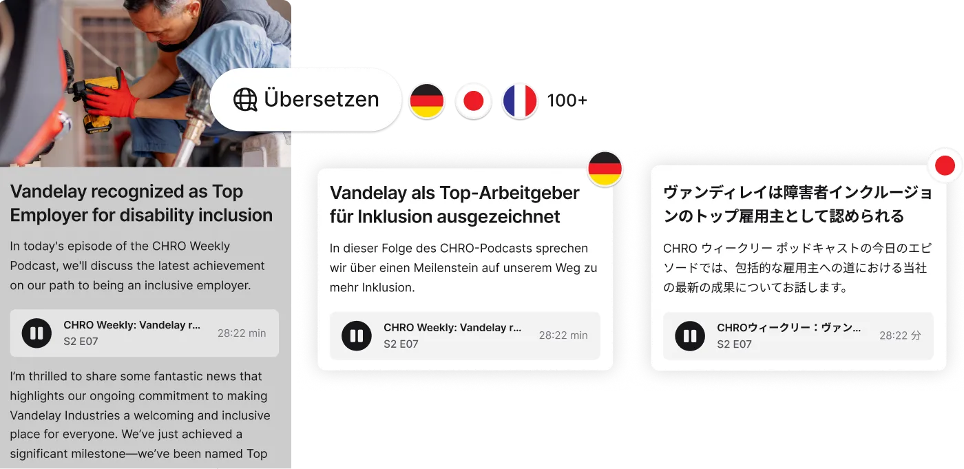 A person using a tablet with translation options in multiple languages, displaying text about Vandelay's recognition as a top employer for inclusion.