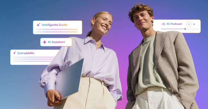 Ein Foto einer Frau mit Laptop und eines Mannes umgeben von Begriffen wie „KI-Assisten“ und „KI-Podcast“