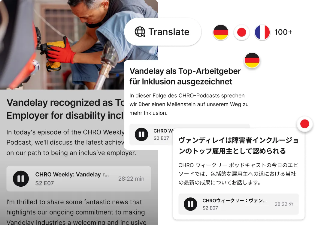 A person using a translation app on a phone, with text about Vandelay being recognized as a top employer for disability inclusion.