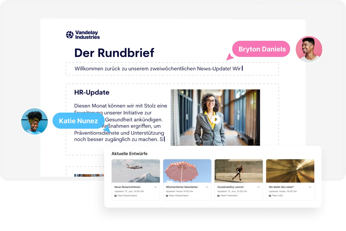 Email newsletter titled "The Roundup" with HR update, a photo of a smiling person, and a section for recent drafts at the bottom.