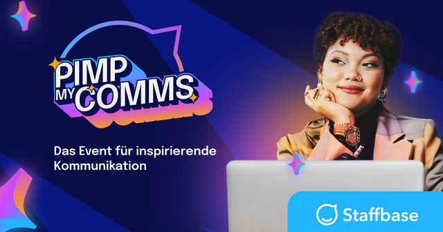 A woman smiling, resting her chin on her hand, next to colorful text: "Pimp My Comms." Staffbase logo and German text below.