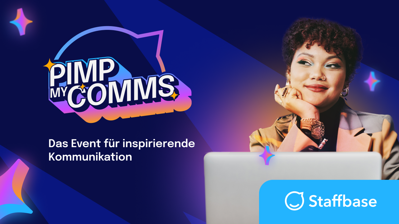 A woman smiling, resting her chin on her hand, next to colorful text: "Pimp My Comms." Staffbase logo and German text below.