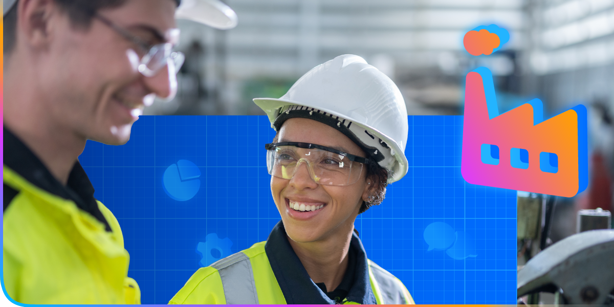 Two employees wearing safety gear and helmets smile at each other in an industrial setting. In the background are blue icons related to communication and production, along with a colorful illustrated factory symbol.