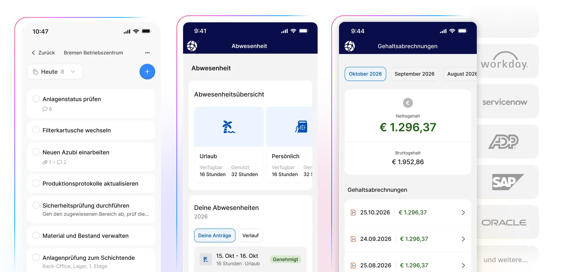 Drei Bildschirme einer mobilen App, die Aufgabenverwaltung, Abwesenheitssaldo und Gehaltsabrechnungsdetails anzeigen, wobei die Firmenlogos rechts teilweise sichtbar sind.