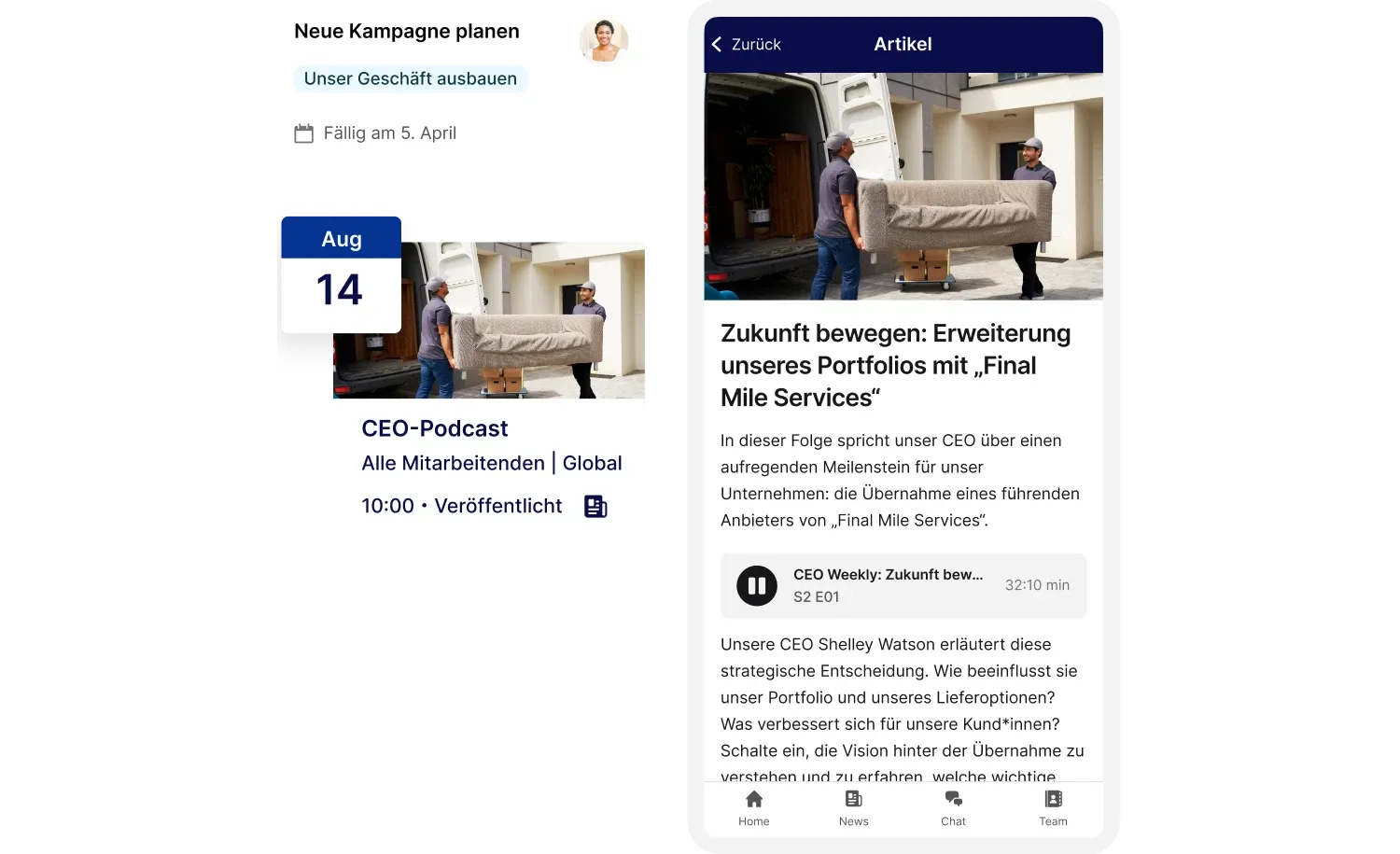 Split-screen image: Left shows a calendar event and podcast details; right shows a podcast article with movers carrying a couch.