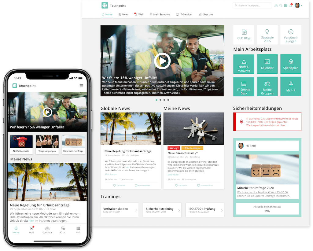 Beispiel für ein Employee Experience Intranet mit einer mobilen App und einer Desktop Ansicht mit verschiedenen Anwendungsfällen wie Interne Kommunikation, Digitaler Arbeitsplatz, Mitarbeiterumfrage und Schulungen.