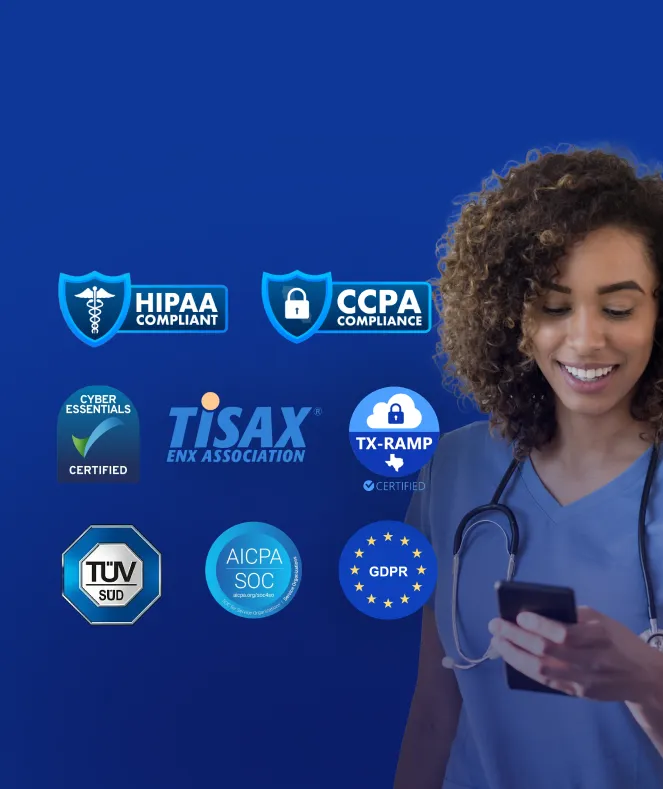Blue background with compliance badges: HIPAA, CCPA, GDPR, and ISO 27001 certification symbol, indicating data security standards.