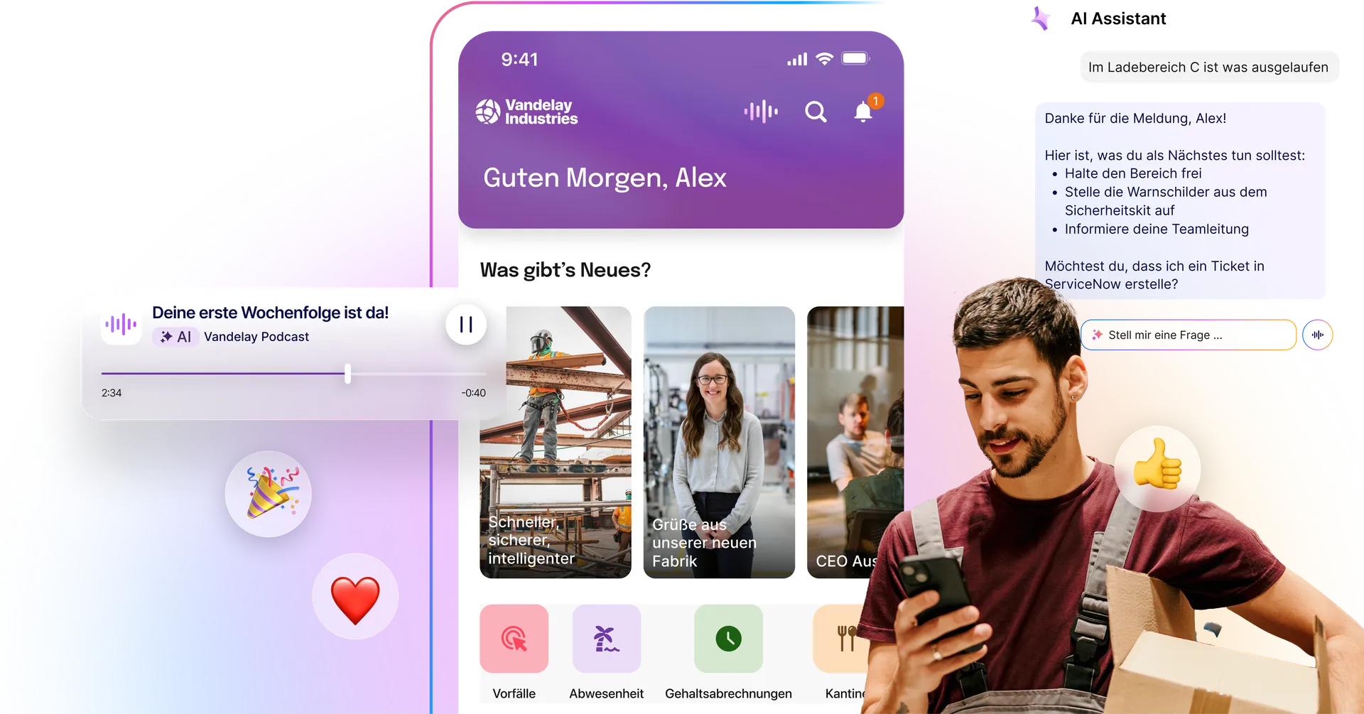 Darstellung eines Mitarbeiters in Arbeitskleidung, der auf sein Smartphone schaut. Auf dem Bildschirm ist die mobile Mitarbeiter-App von Vandelay Industries mit der Begrüßung "Guten Morgen, Alex" und einer Übersicht aktueller Nachrichten zu sehen. Überlagert sind: Ein Pop-up für den "Vandelay Podcast" ("Deine erste Wochenfolge ist da!"), ein Chatfenster des "AI Assistant" mit Handlungsempfehlungen für eine Störungsmeldung, und Emojis.