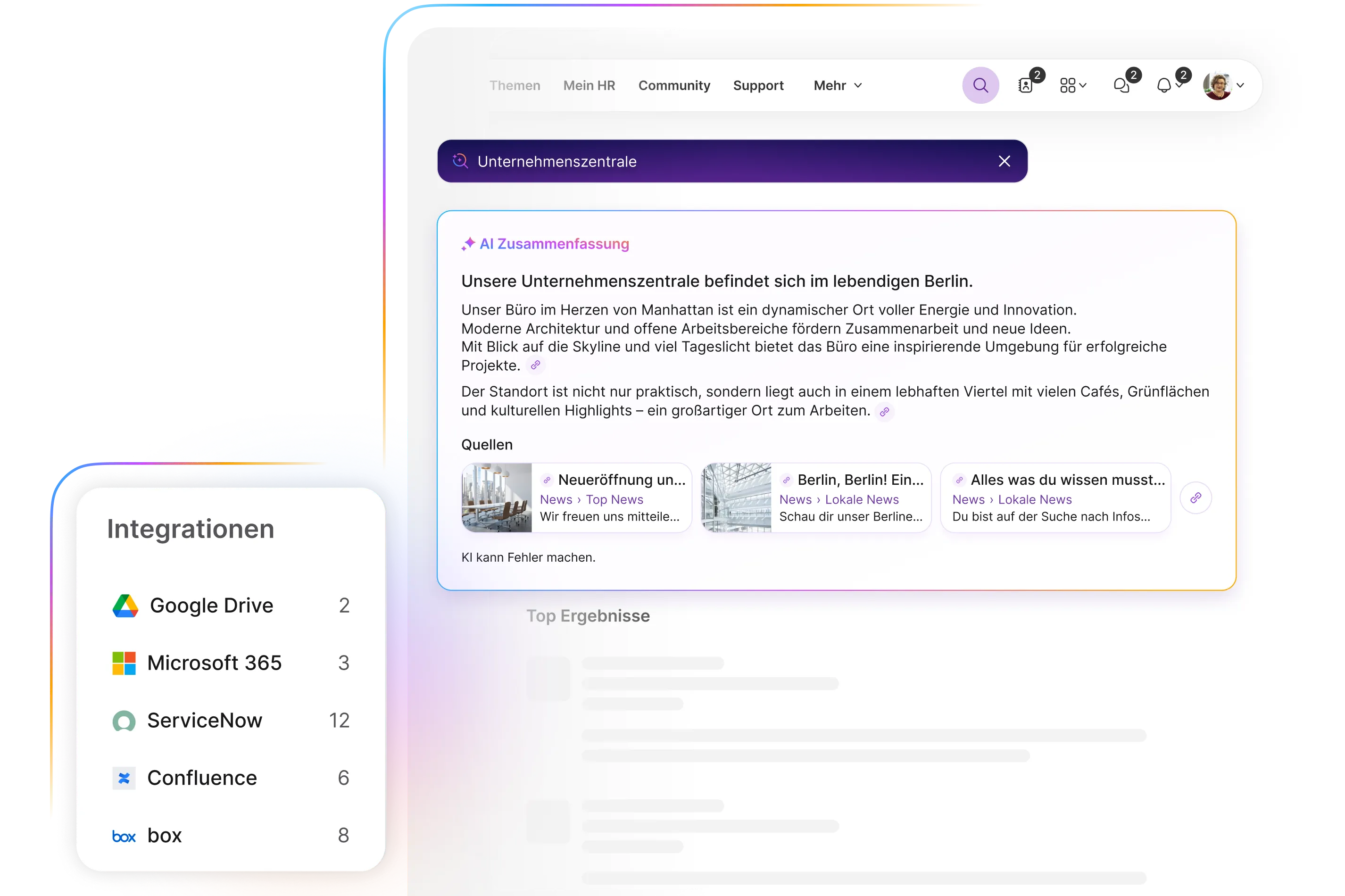 Darstellung der intelligenten Suchfunktion der Plattform. Nach Eingabe von "Unternehmenszentrale" liefert eine "AI Zusammenfassung" Informationen zum Standort Berlin. Darunter sind Quell-Artikel ("Neueröffnung un...", "Berlin, Berlin! Ein...", "Alles was du wissen musst...") aufgeführt. Links unten listet ein Widget "Integrationen" wie Google Drive, Microsoft 365, ServiceNow, Confluence und box auf.