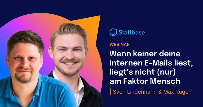 Webinar promotional image with two men smiling, featuring the text: "Wenn keiner deine internen E-Mails liest, liegt’s nicht (nur) am Faktor Mensch."