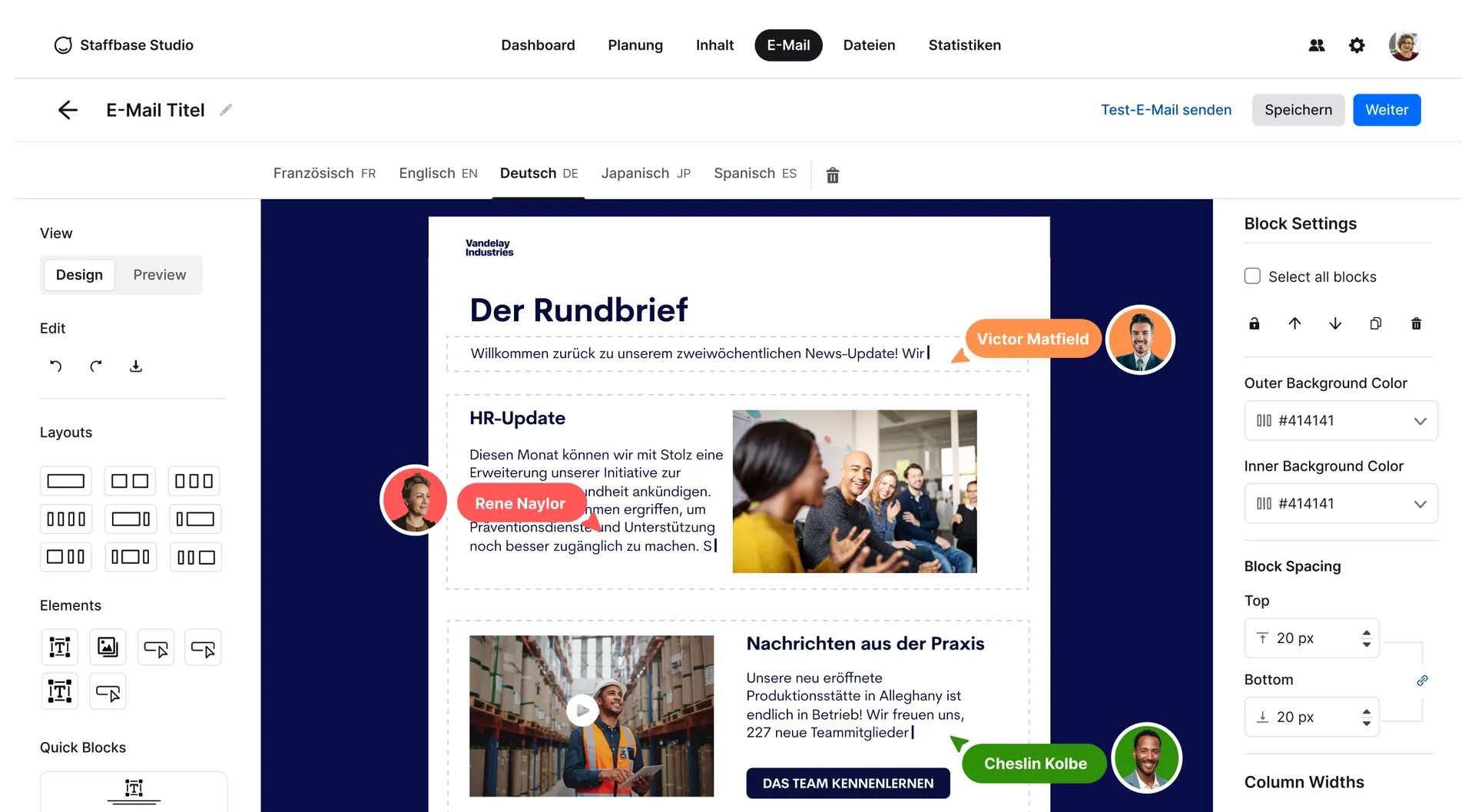 Email template editor displaying a newsletter with sections for strategic highlights, HR update, and news, featuring images and text editing options.