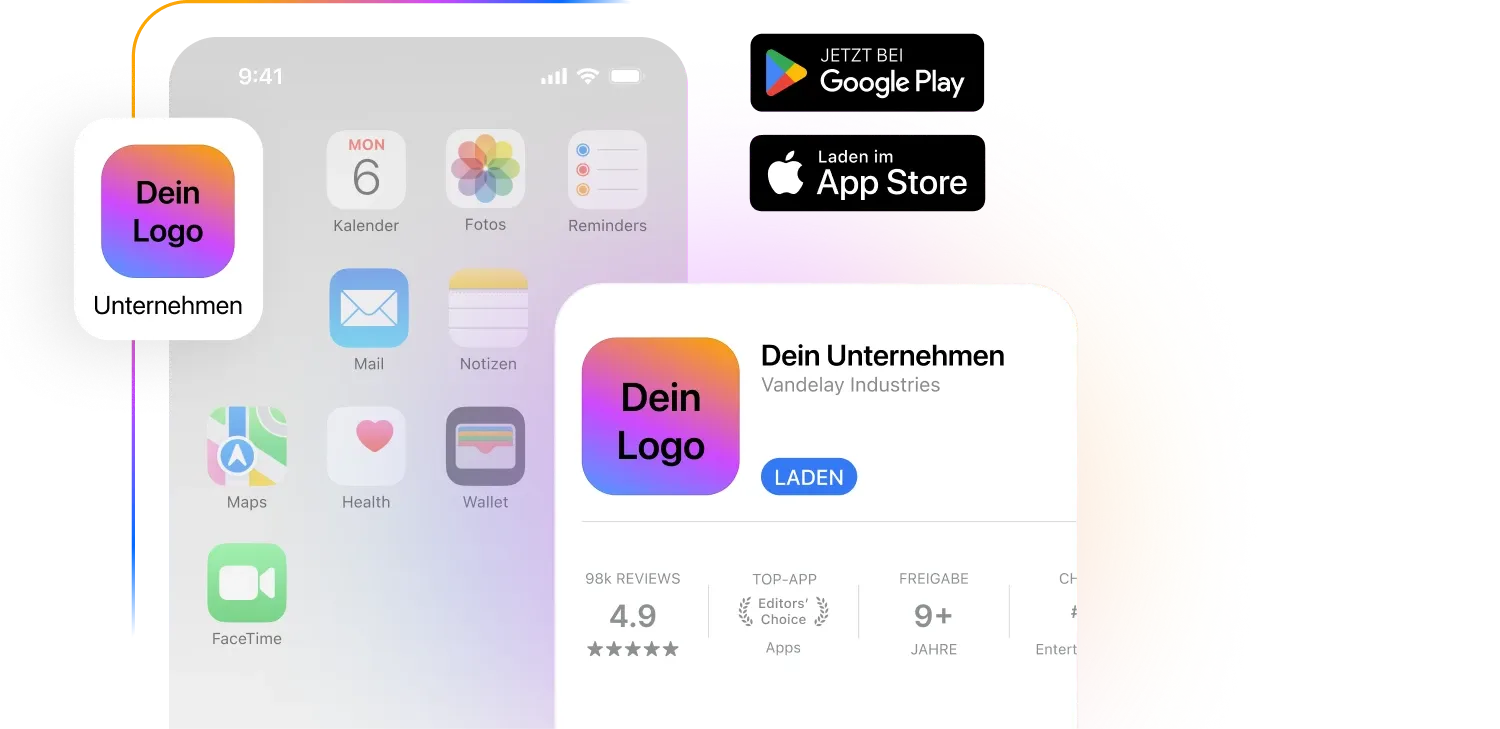 Werbung für die mobile App mit dem Logo von „Ihr Unternehmen“, verfügbar bei Google Play und im App Store, mit einer Bewertung von 4,9 Sternen und einer Altersfreigabe ab 9 Jahren.