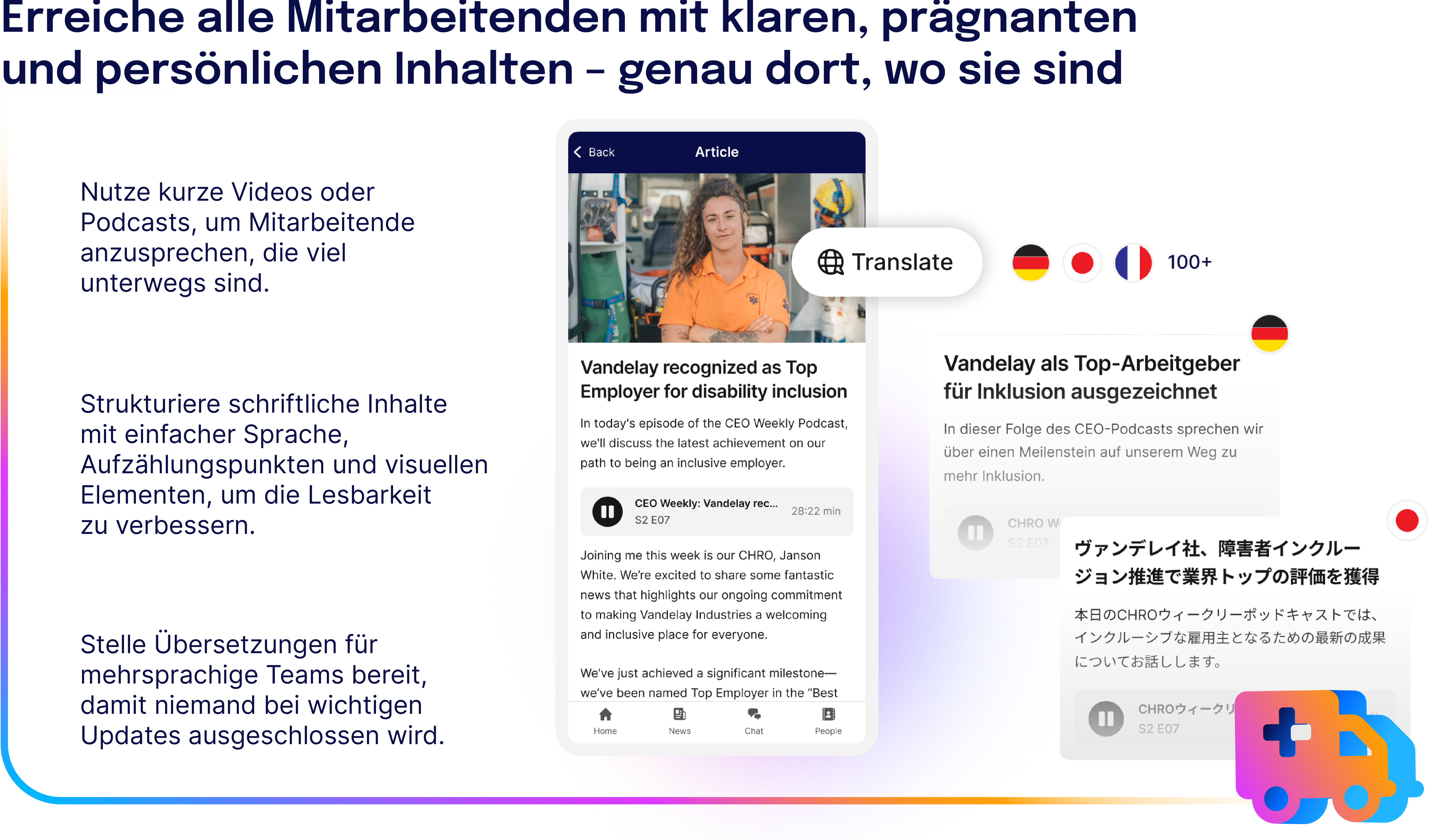 Grafik zeigt Beispiele dafür, wie Inhalte in verschiedenen Sprachen und Formaten Mitarbeitende erreichen: ein mobiler Artikel mit Übersetzungsfunktion, daneben übersetzte Versionen auf Deutsch, Französisch und Japanisch sowie Hinweise auf Videos, einfache Sprache und Mehrsprachigkeit.