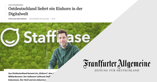Split image: Left shows a person in front of a green wall with "Staffbase" logo; right displays "Frankfurter Allgemeine" newspaper logo.