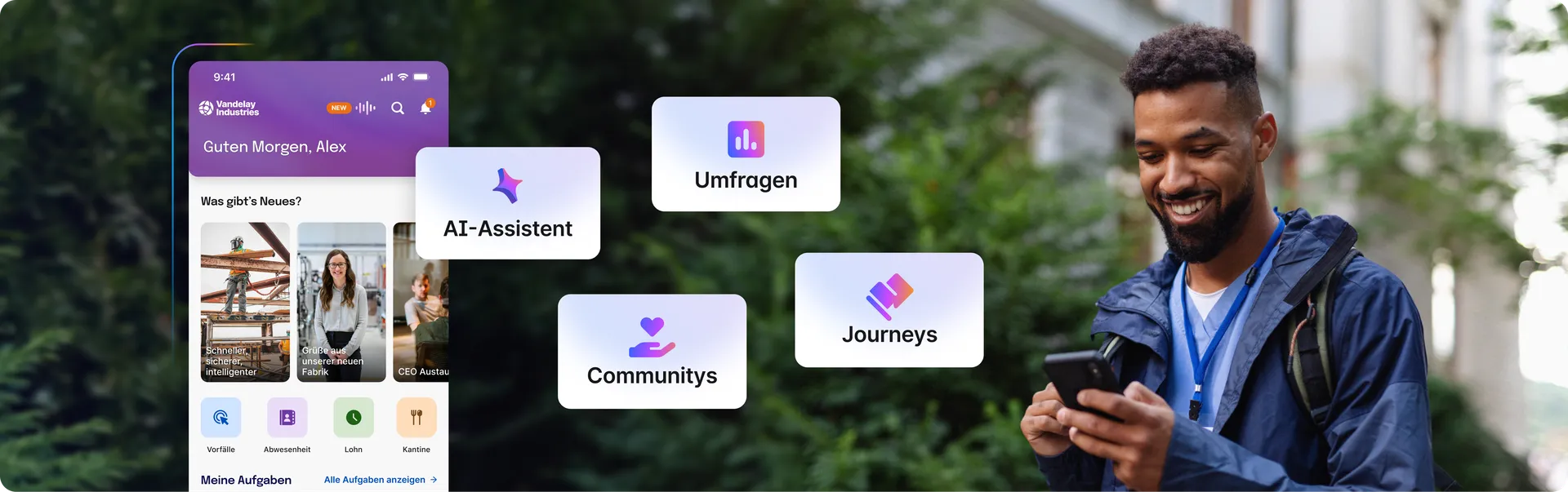 Ein Mitarbeiter nutzt eine mobile App. Über der App-Oberfläche schweben Icons für AI-Assistent, Umfragen, Communitys und Journeys.