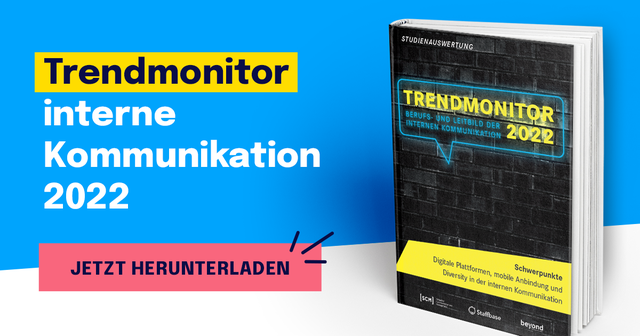 Buchcover des ‚Trendmonitor interne Kommunikation 2022‘ vor blauem Hintergrund. Das Cover zeigt den Titel in Leuchtschrift-Optik und den Untertitel ‚Berufs- und Leitbild der internen Kommunikation‘. Ein gelber Balken nennt Schwerpunkte wie digitale Plattformen, mobile Anbindung und Diversity. Daneben ein pinker Button mit der Aufschrift ‚Jetzt herunterladen‘