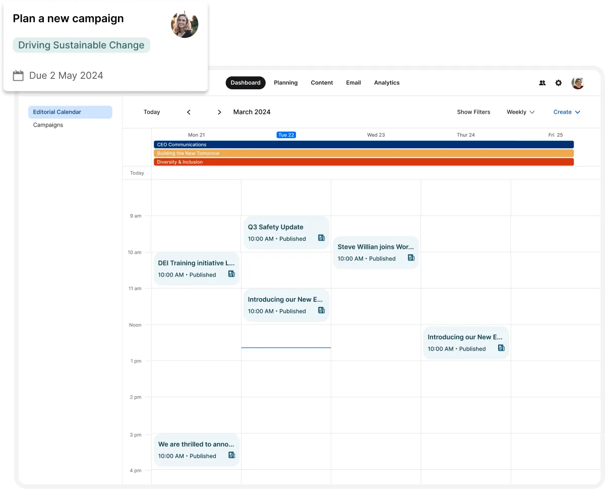 Digital calendar showing events in March 2024, including meetings and campaign plans. A note highlights a new campaign due May 2, 2024.