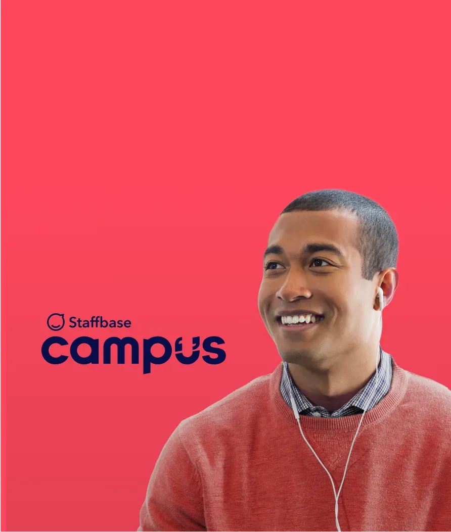 Smiling person wearing earphones against a red background with the "Staffbase Campus" logo.