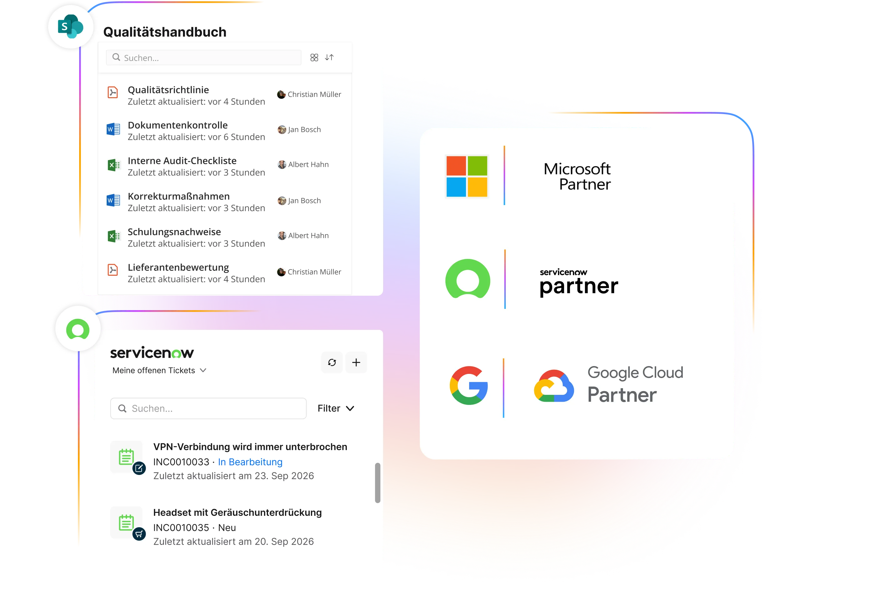 Darstellung von Integrationen in die Plattform, aufgeteilt in drei Kacheln. Links oben: Suche im "Qualitätshandbuch" mit Dokumenten wie "Qualitätsrichtlinie" und "Schulungsnachweise". Links unten: ServiceNow-Widget mit offenen Tickets (z. B. "VPN-Verbindung wird immer unterbrochen"). Rechts: Logos der Technologiepartner Microsoft Partner, ServiceNow Partner und Google Cloud Partner.