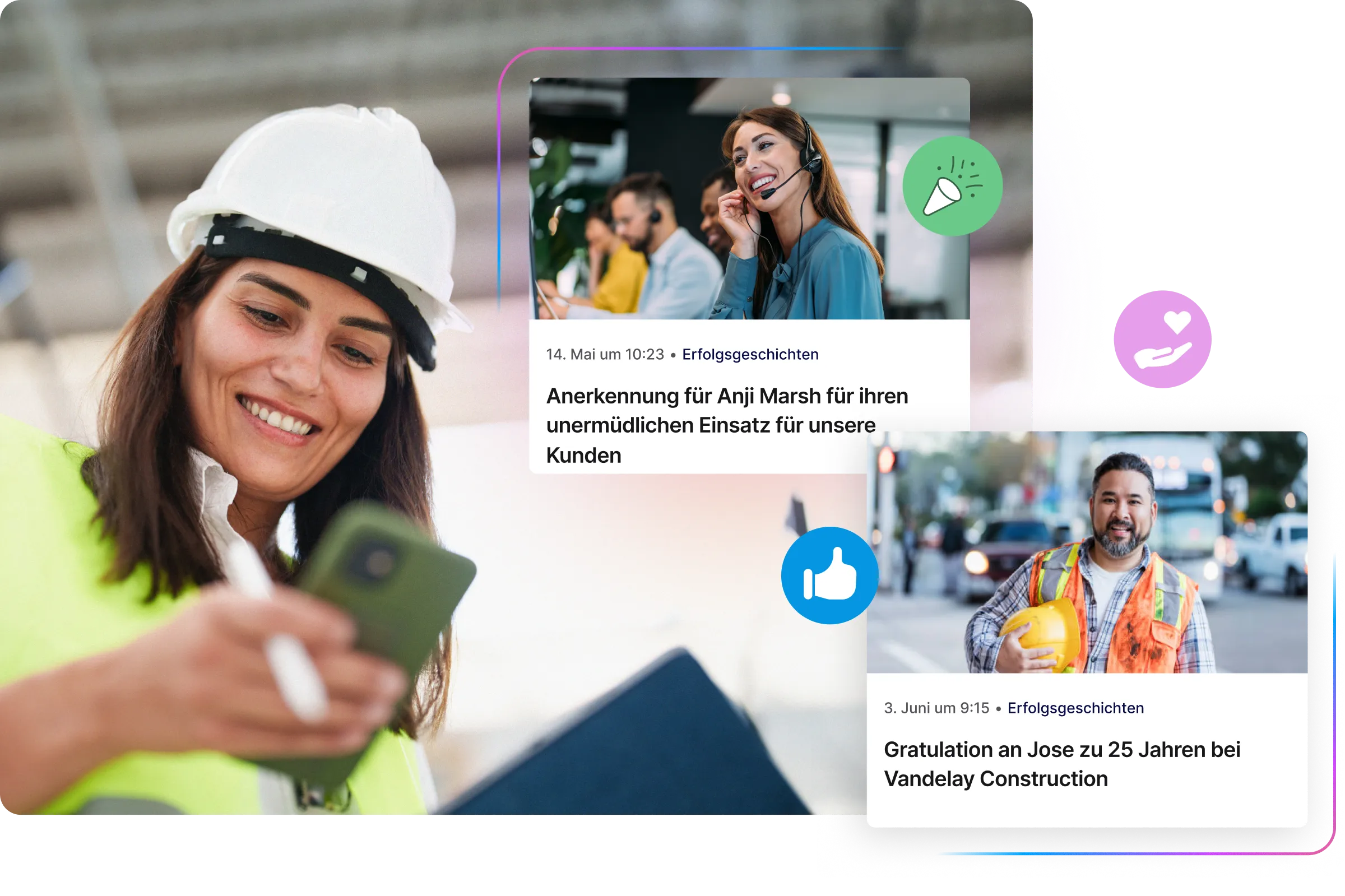 Mitarbeiterin liest Erfolgsnachrichten und Anerkennungen auf dem Smartphone.