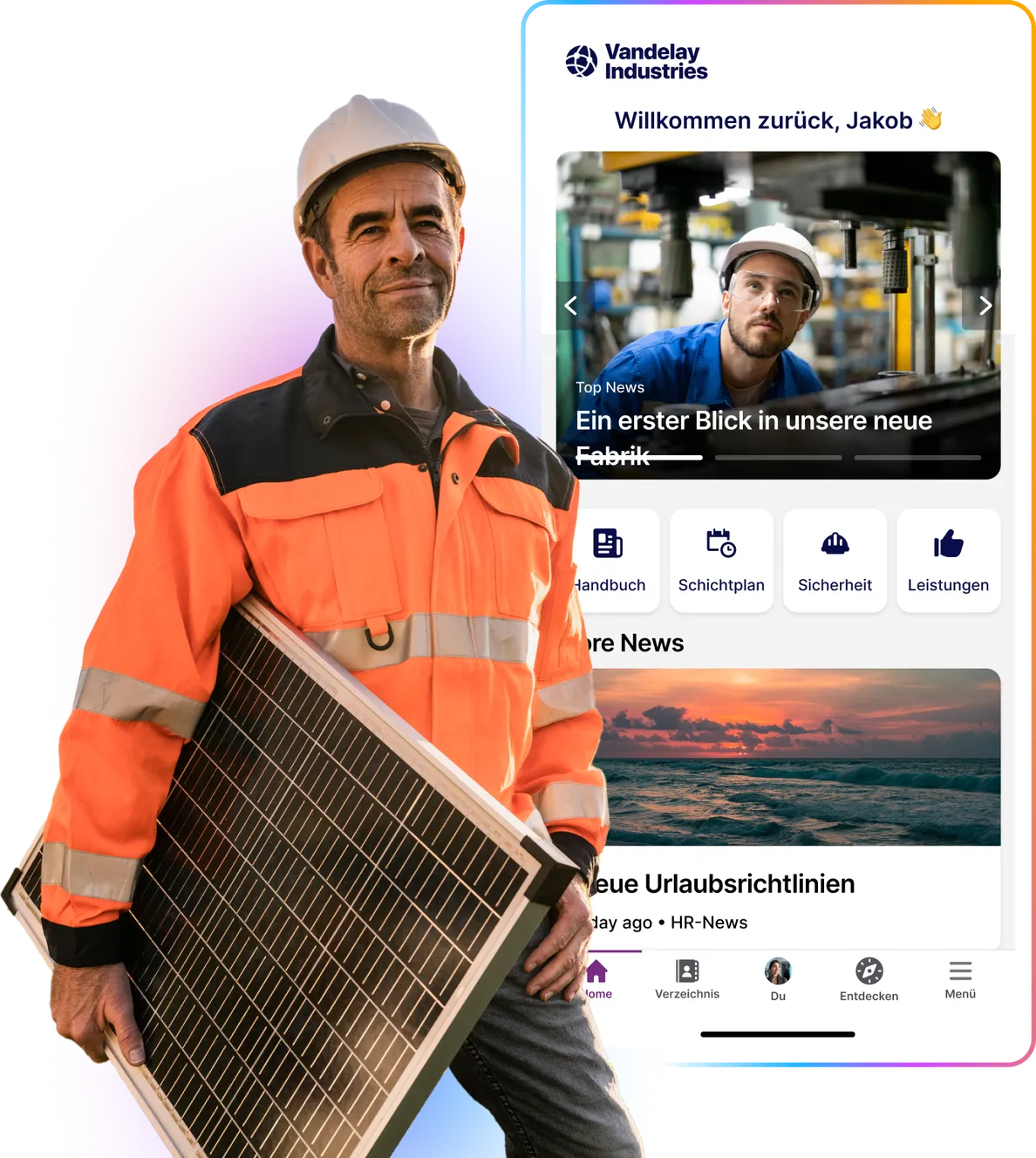A worker in an orange jacket and hard hat holds a solar panel. Behind him, a mobile app interface for Vandelay Industries is displayed.