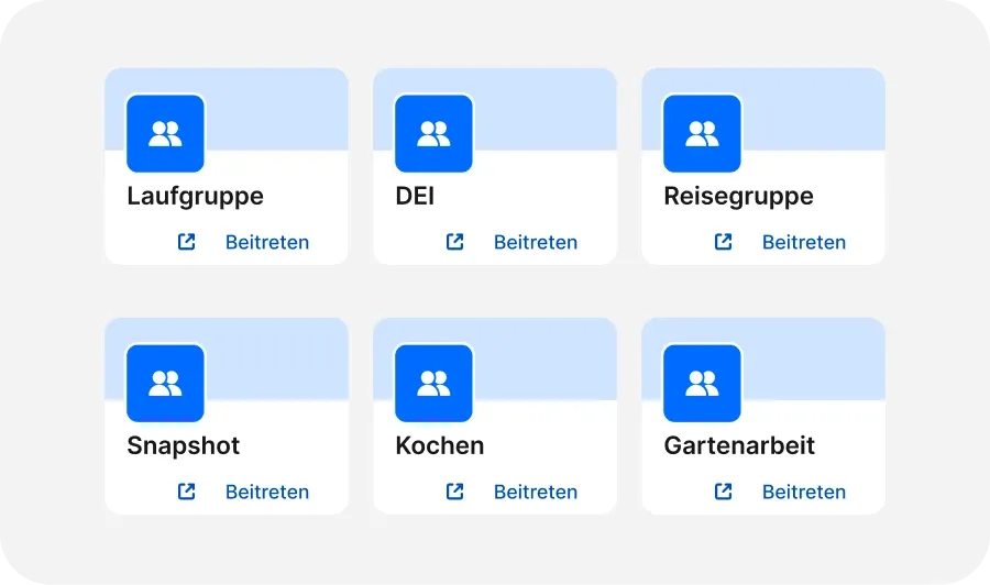 Raster mit sechs blauen Symbolen und Beschriftungen: Laufclub, DEI, Travelbase, Snapshot, Kochen, Gartenarbeit, jeweils mit einer Schaltfläche „Beitreten“.
