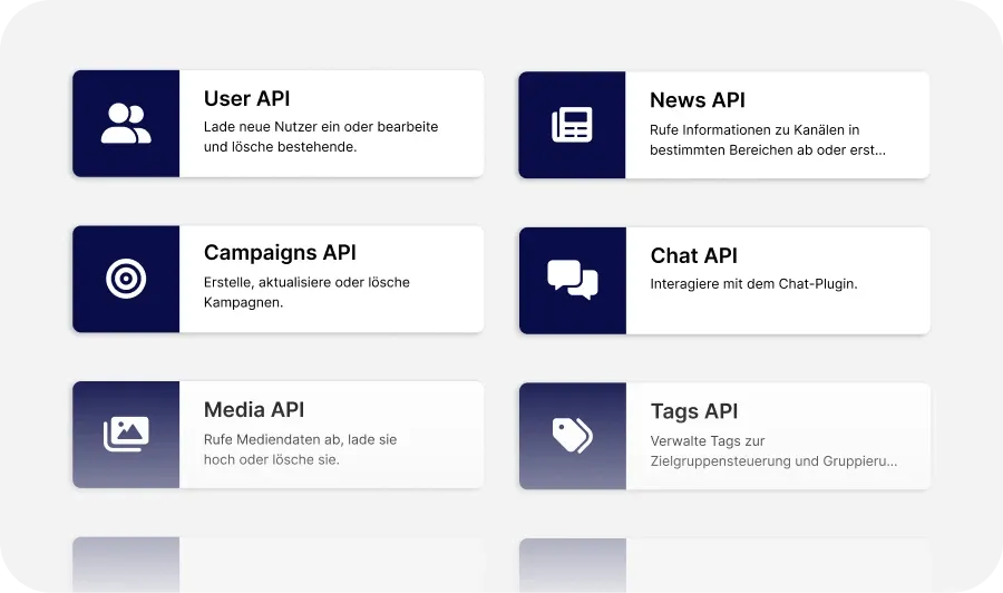 Ein Raster aus sechs beschrifteten API-Karten: Benutzer, Nachrichten, Kampagnen, Chat, Medien und Tags, jeweils mit Symbolen und kurzen Beschreibungen.