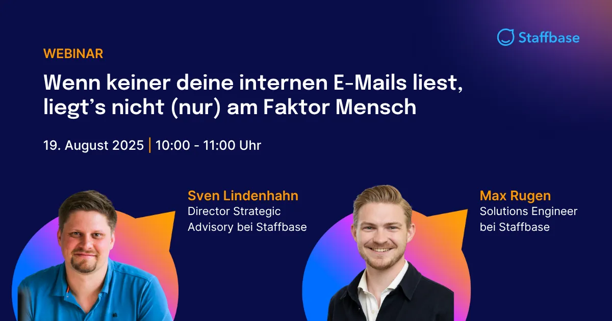 Webinar announcement with two speakers, Sven Lindenhahn and Max Rugen, on August 19, 2025, discussing internal email engagement.