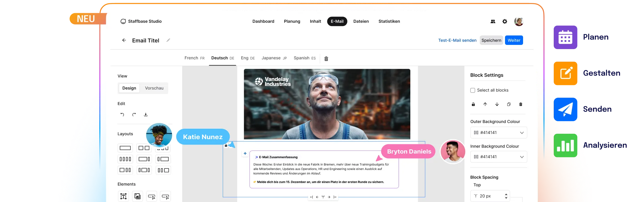 Marketing-Grafik von Staffbase mit dem Slogan "E-MAILS, DIE DEINE MITARBEITENDEN GERN LESEN" neben einem Ausschnitt des Staffbase Studio E-Mail Builders. Das Vorschaufenster zeigt eine E-Mail mit dem Titel "The Roundup" und Hervorhebungen einer Benutzerin (Katie Nunez) im Bearbeitungsbereich.