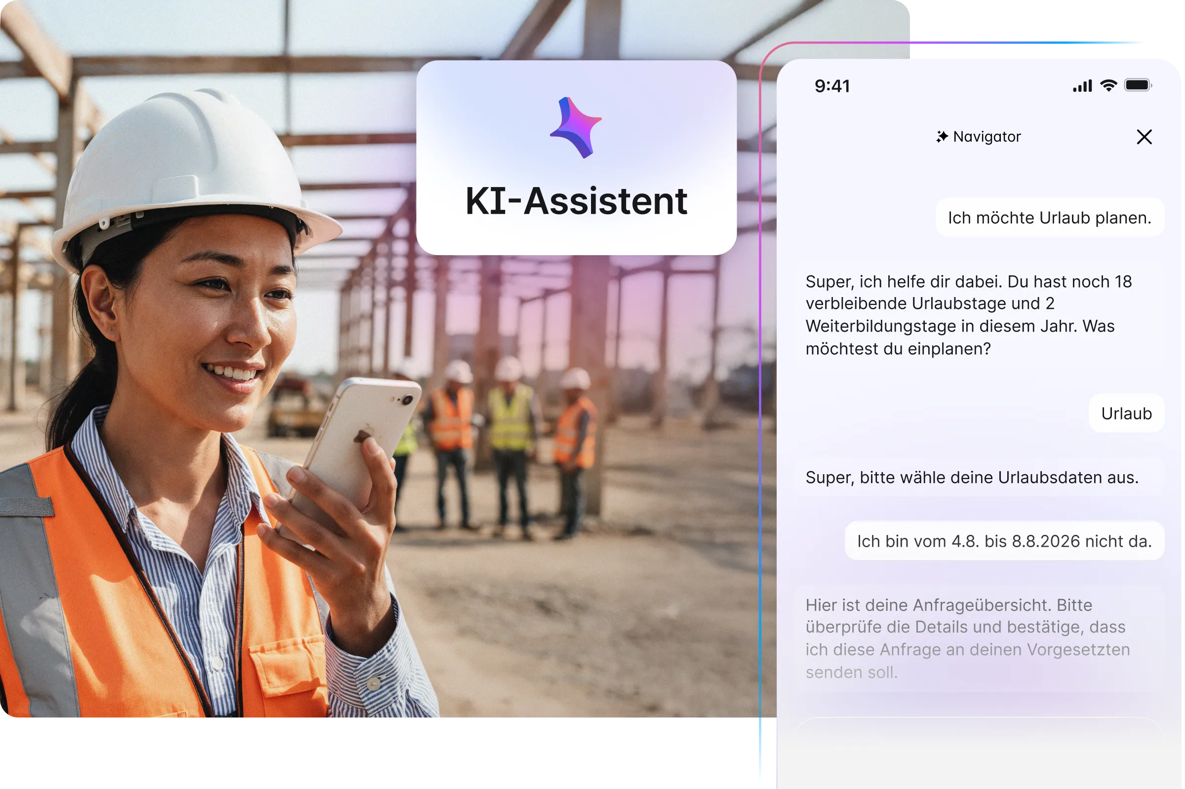 Bauarbeiterin nutzt einen KI-Assistenten auf dem Smartphone zur Urlaubsplanung.