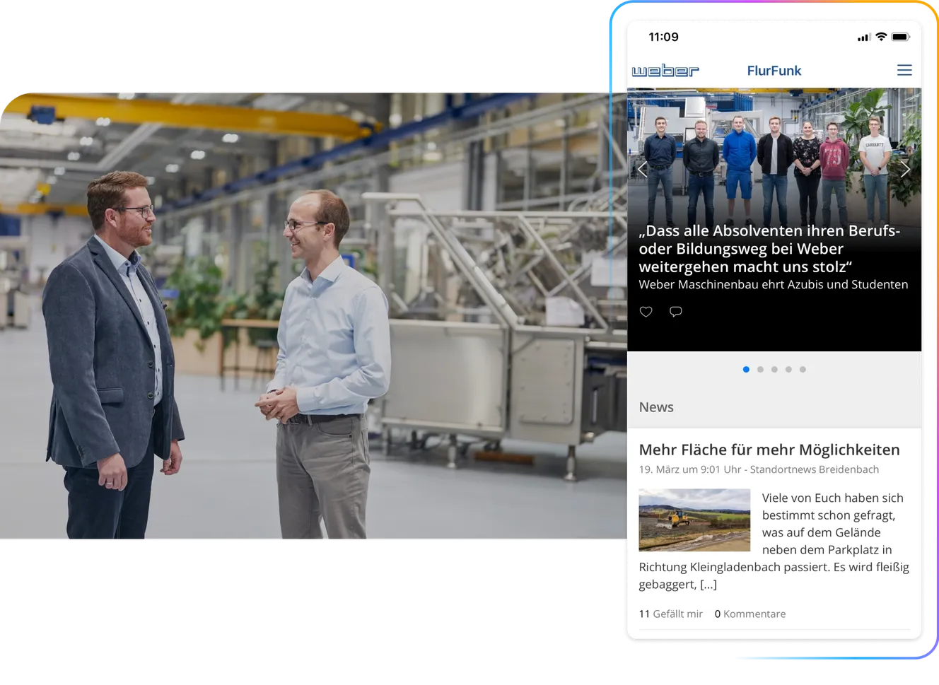 Two men talking in an industrial setting beside a smartphone displaying a news app with articles and images.