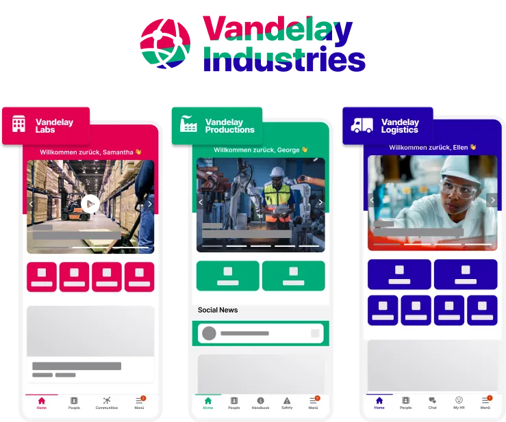 Three colorful app screens for Vandelay Industries: Labs, Productions, and Logistics, each welcoming a user with industry-specific images.