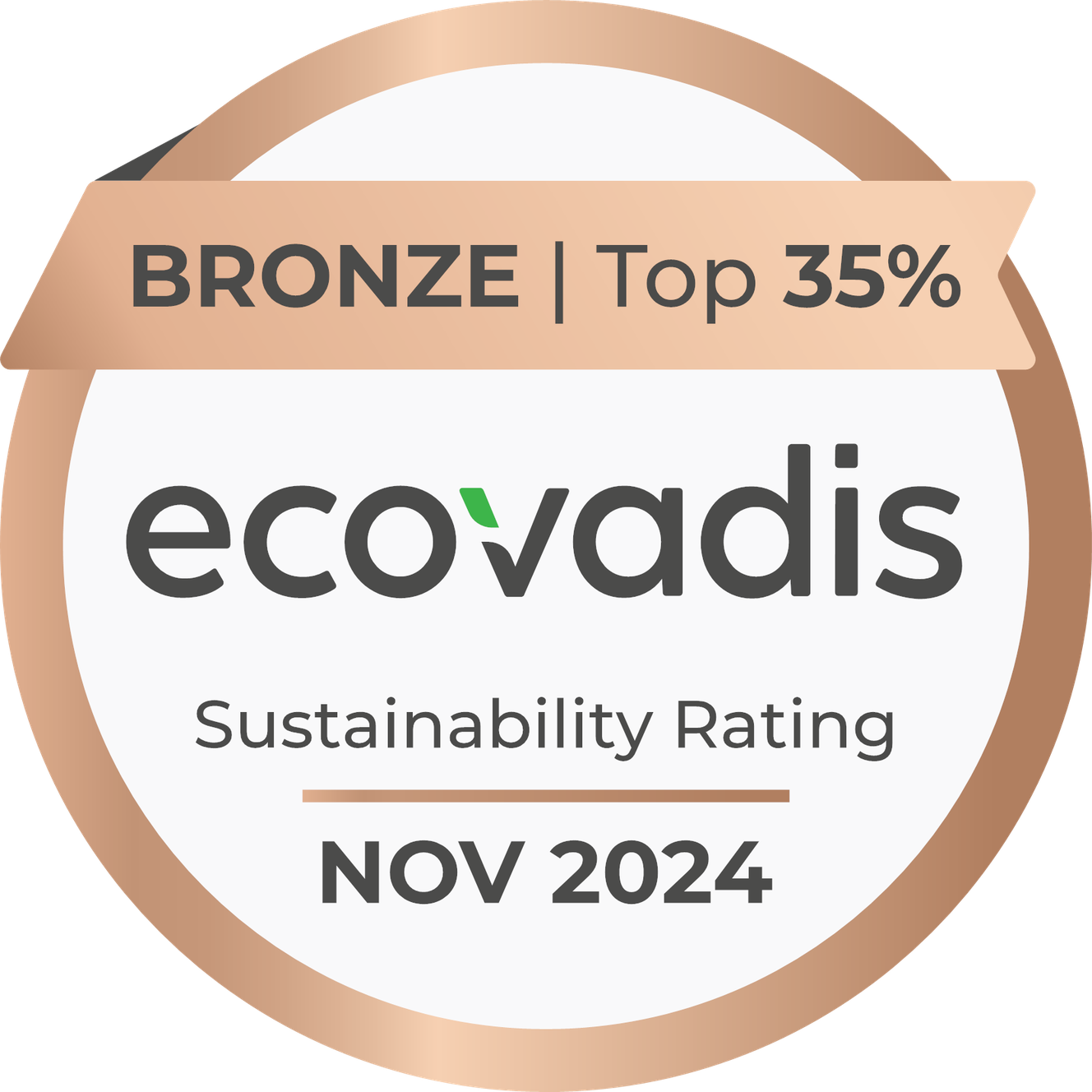 Bronze EcoVadis Sustainability Rating badge for November 2024, indicating a top 35% ranking.