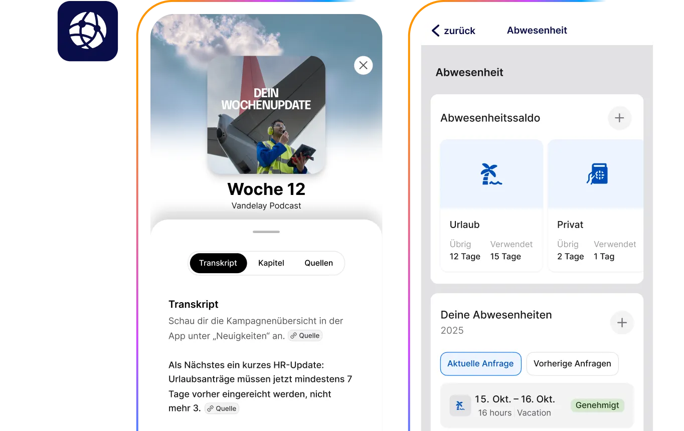 Zwei Smartphones nebeneinander, die HR-Funktionen anzeigen: Links eine Podcast-App mit dem Titel "DEIN WOCHENUPDATE" und einem HR-Update zu Urlaubsanträgen; rechts eine App zur Verwaltung von Abwesenheiten, die Urlaubssalden und eine genehmigte Abwesenheit im Oktober 2025 zeigt.