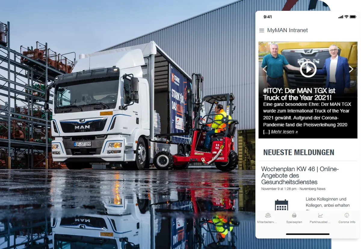 A MAN truck parked outside a warehouse with a forklift nearby. An inset shows a mobile app screen with news about the MAN TGX Truck of the Year 2021.