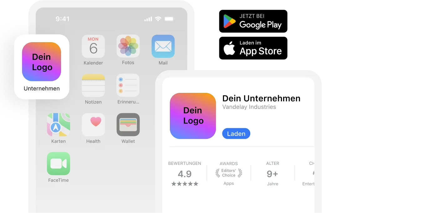 App store download page showing a company app with a 4.9-star rating and "Get" button, alongside Google Play and Apple Store logos.