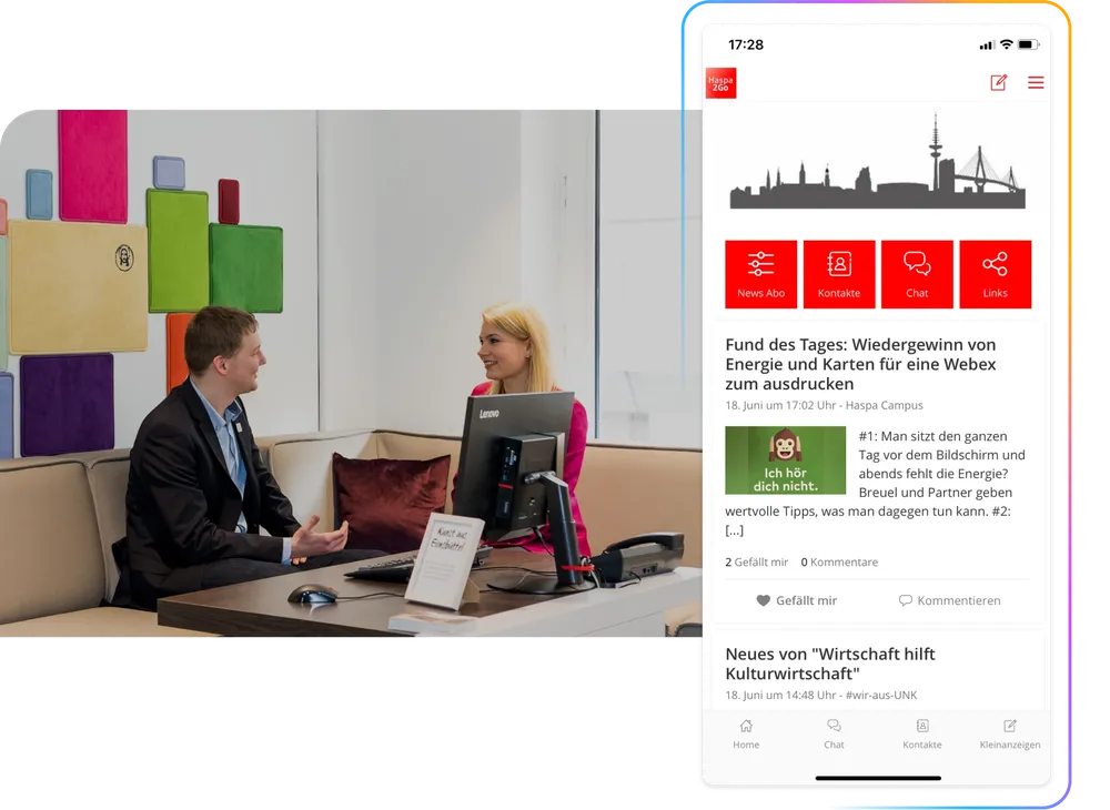 A man and woman sit in a modern office discussing at a desk with a computer. A smartphone screen shows a banking app interface.
