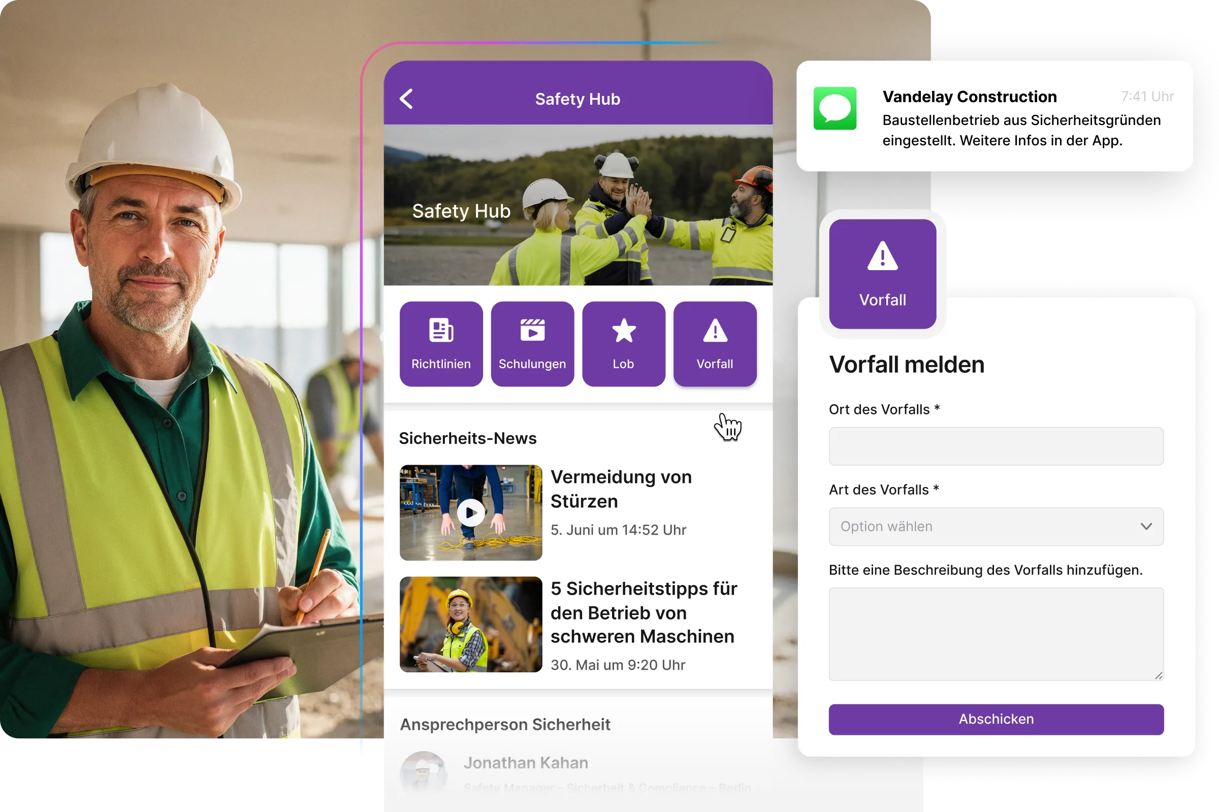 Sicherheits-Dashboard mit Vorfallmeldung und Sicherheitsinformationen auf dem Smartphone.