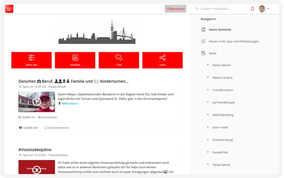 Website interface with a red header featuring icons and text. Sidebar navigation includes links to various sections like Home and Transformation.
