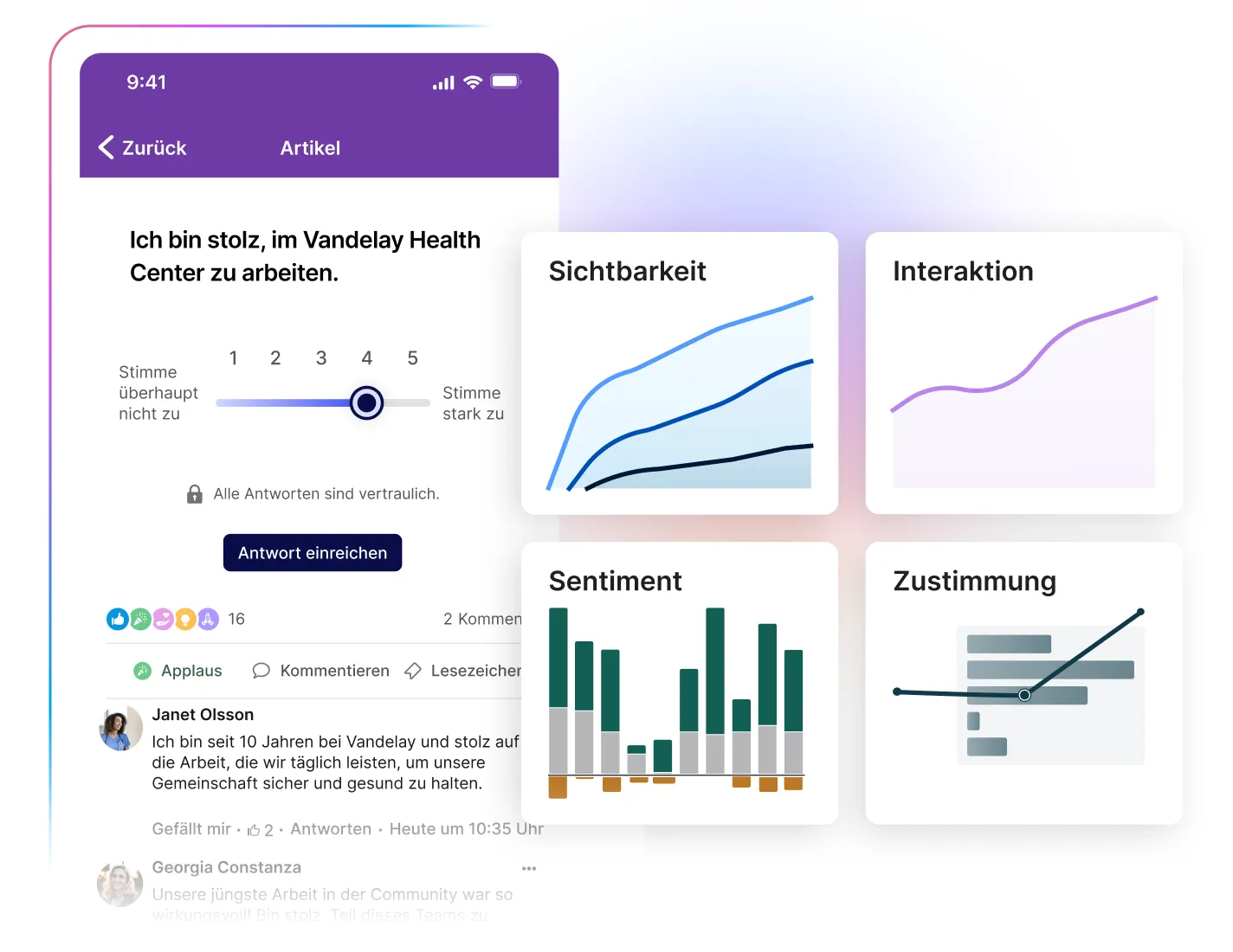 Mobile Ansicht einer Mitarbeiterbefragung mit einer Skala von 1 bis 5. Daneben grafische Auswertungen zu Sichtbarkeit, Interaktion, Sentiment und Zustimmung.