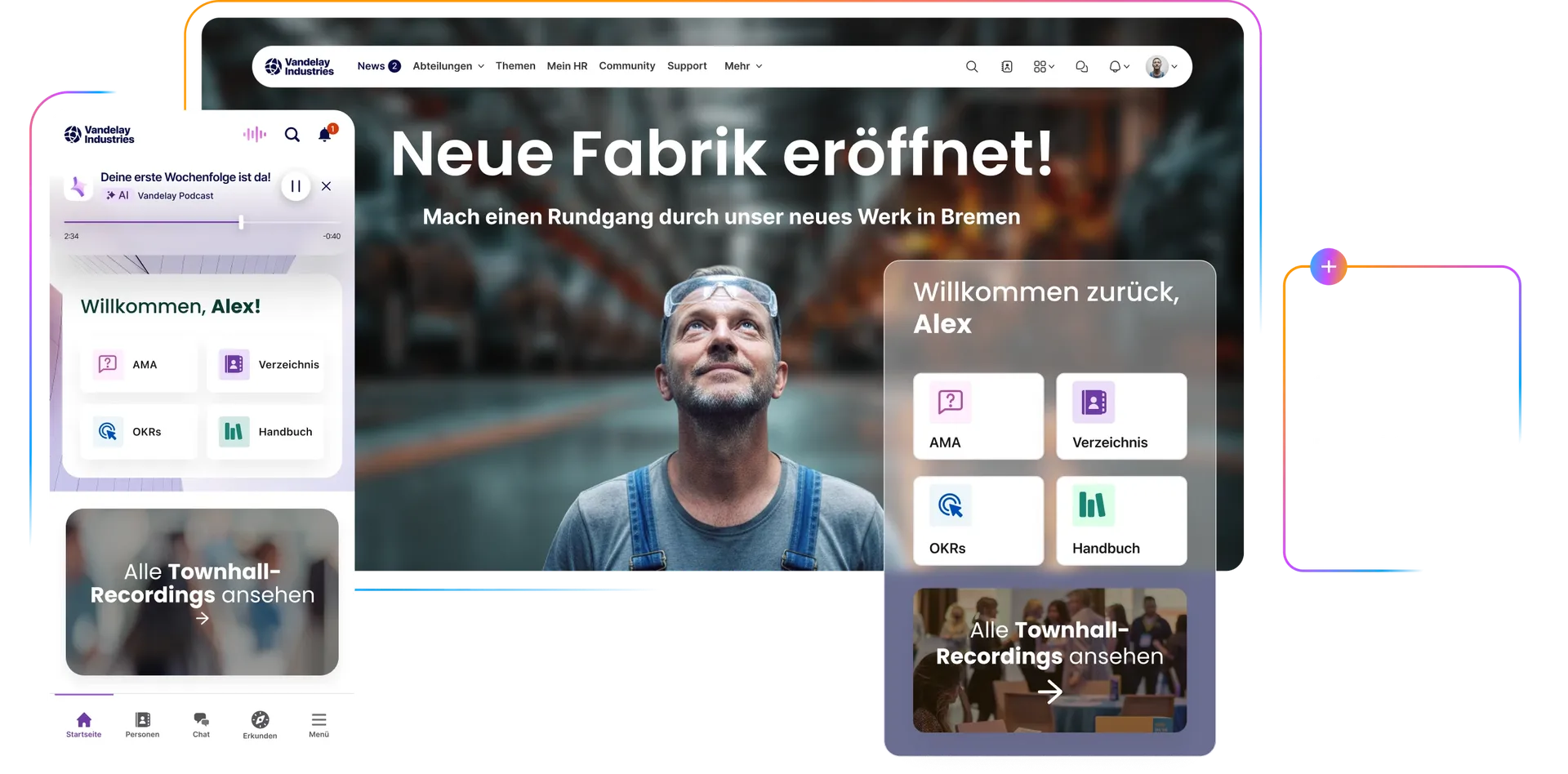 Digitales Dashboard mit Begrüßungsnachricht, Ankündigung einer virtuellen Tour und verschiedenen Funktionen wie Verzeichnis und Handbuch. Enthält Ansichten für Mobilgeräte und Desktop-Computer.
