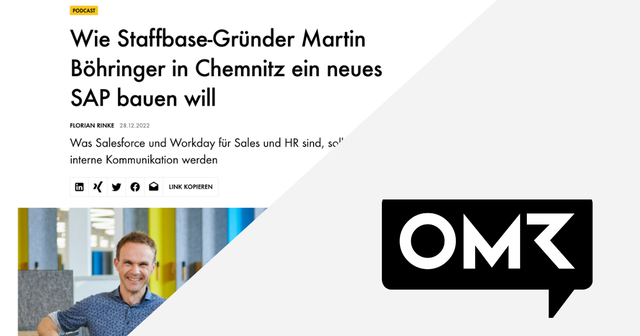 Split image with a man smiling on the left and text on the right about a podcast featuring Martin Böhringer discussing building a new SAP in Chemnitz.