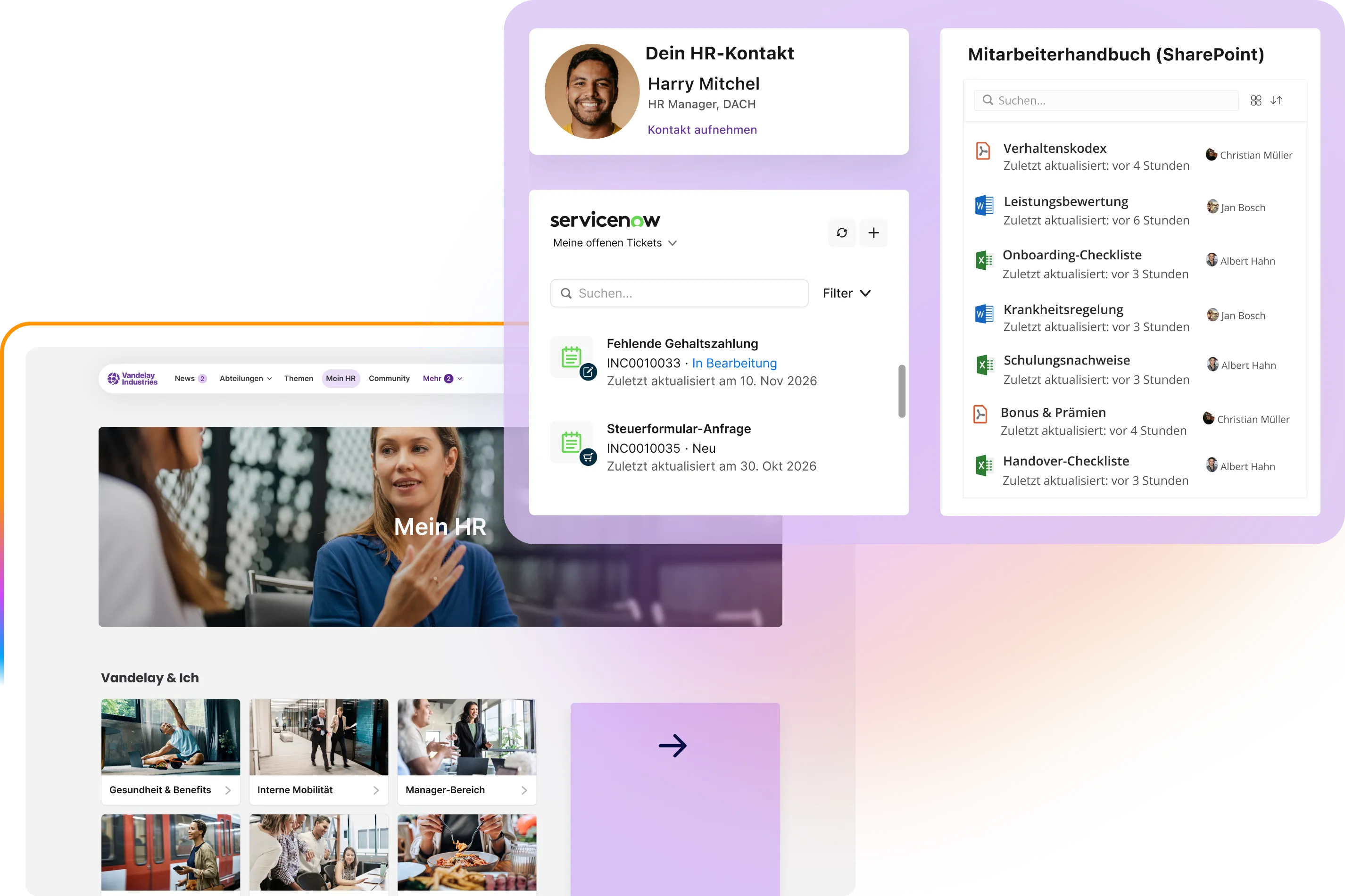 Desktop-Ansicht des Intranets "Mein HR" mit zielgruppenspezifischen Widgets, die über der Seite schweben. Die Widgets zeigen: "Dein HR-Kontakt" (Harry Mitchel), offene Tickets aus ServiceNow (z. B. "Fehlende Gehaltszahlung"), und eine Suche im "Mitarbeiterhandbuch (SharePoint)" mit verschiedenen Dokumenten wie "Verhaltenskodex" und "Onboarding-Checkliste".