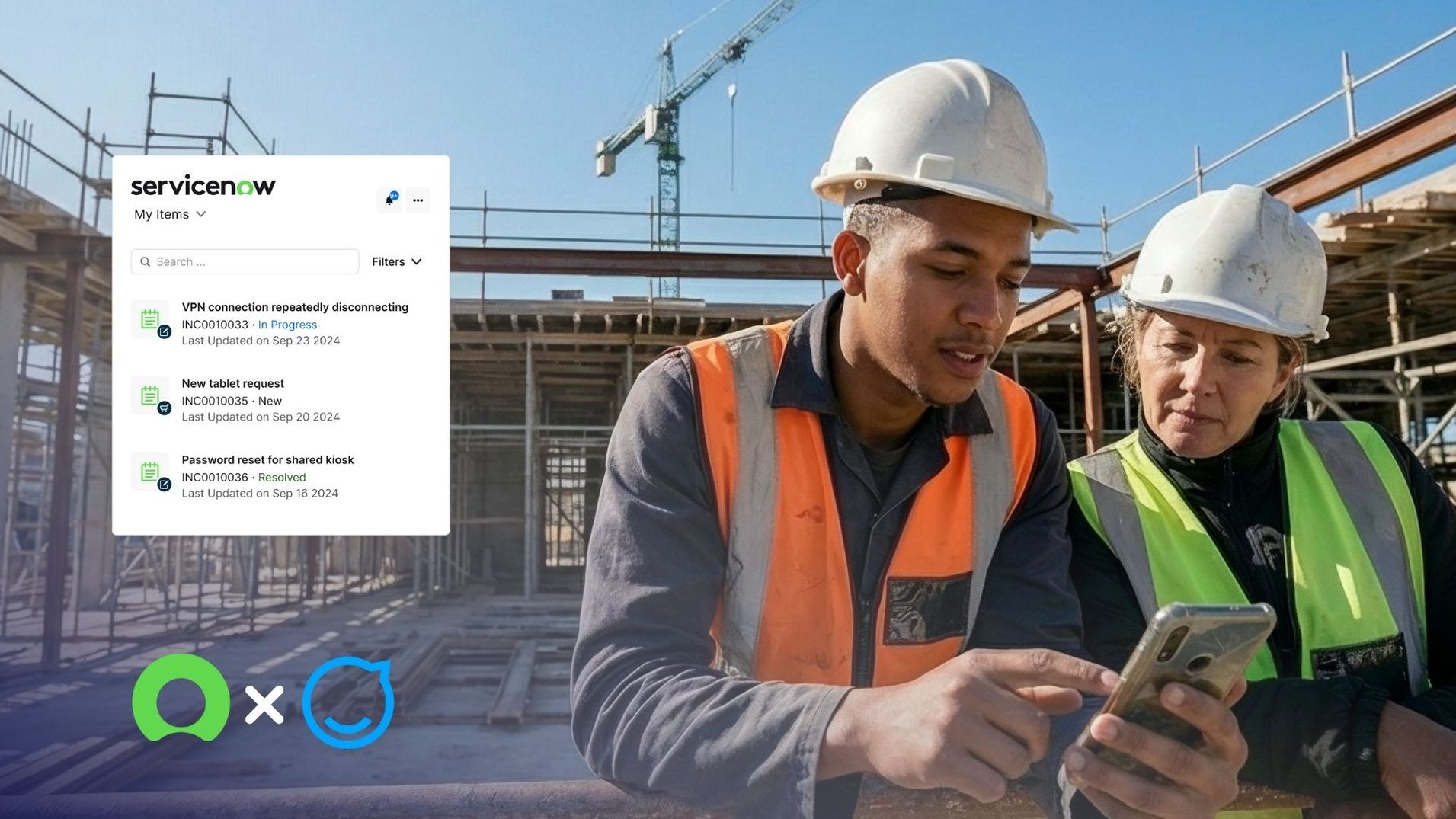 two workers in safety gear and hard hats looking at a mobile device while on site